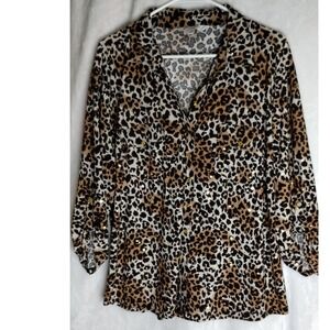 Emily Daniels Leopard Print Button‎ Down Top Gold Accents XL